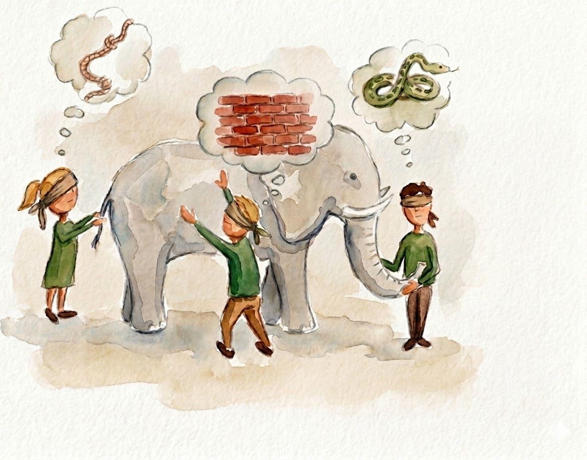 Tre personer med bind for øynene tar på hver sin del av en elefant og har ulike tanker om hva de berører: én tenker på et tau (halen), én på en murvegg (kroppen), og én på en slange (snabelen). En fjerde person uten bind for øynene står på siden og ser hele elefanten. Illustrasjonen er tegnet i akvarellstil.