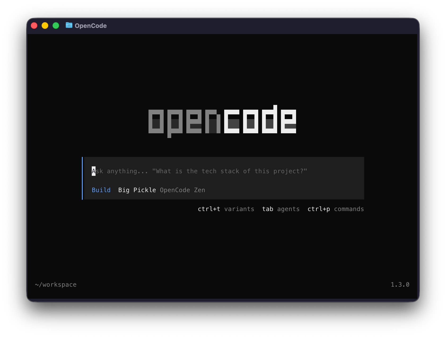 Skjermdump av OpenCode i en Docker-container