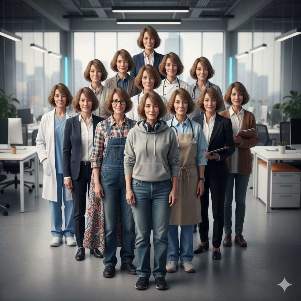 AI-generert bilde av 13 identiske kvinner i forskjellige klær. 