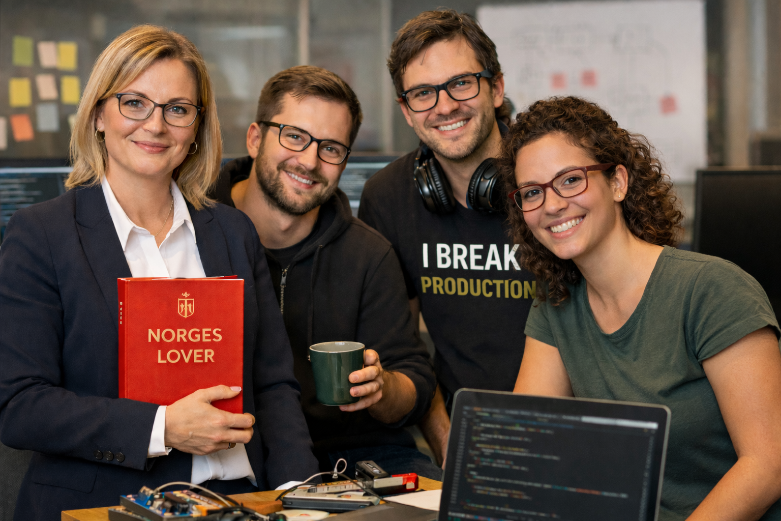 Bildet viser et team med fire personer, en jurist og to utviklere og en designer  