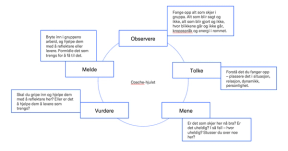 Figur som viser fem ord langs en sirkel: observere, tolke, mene, vurdere, melde. I midten står det "Coache-hjulet". Til hvert av de fem ordene, er det hektet ved en beskrivelse: Observere - Fange opp alt som skjer i gruppa. Alt som blir sagt og ikke, alt som blir gjort og ikke, hvor blikkene går og ikke går, kroppspråk og energi i rommet. Tolke - Forstå det du fanger opp – plassere det i situasjon, relasjon, dynamikk, personlighet. Mene - Er det som skjer her nå bra? Er det uheldig? I så fall – hvor uheldig? Stusser du over noe her? Vurdere - Skal du gripe inn og hjelpe dem med å reflektere her? Eller er det å hjelpe dem å levere som trengs? Melde - Bryte inn i gruppens arbeid, og hjelpe dem med å reflektere eller levere. Formidle det som trengs for å få til det.