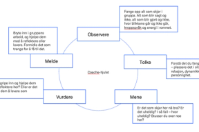 Figur som viser fem ord langs en sirkel: observere, tolke, mene, vurdere, melde. I midten står det "Coache-hjulet". Til hvert av de fem ordene, er det hektet ved en beskrivelse: Observere - Fange opp alt som skjer i gruppa. Alt som blir sagt og ikke, alt som blir gjort og ikke, hvor blikkene går og ikke går, kroppspråk og energi i rommet. Tolke - Forstå det du fanger opp – plassere det i situasjon, relasjon, dynamikk, personlighet. Mene - Er det som skjer her nå bra? Er det uheldig? I så fall – hvor uheldig? Stusser du over noe her? Vurdere - Skal du gripe inn og hjelpe dem med å reflektere her? Eller er det å hjelpe dem å levere som trengs? Melde - Bryte inn i gruppens arbeid, og hjelpe dem med å reflektere eller levere. Formidle det som trengs for å få til det.
