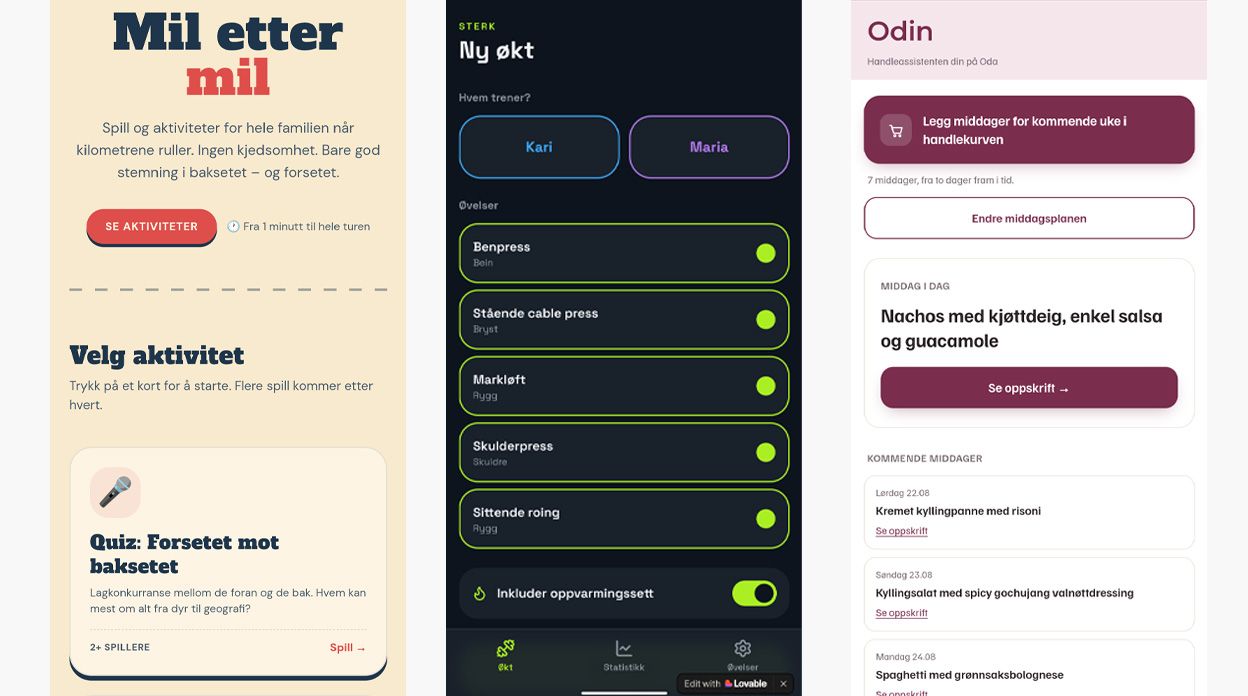 Screenshot av tre apper laget med vibekoding