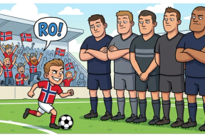 Tegning av norsk, liten fotballspiller foran en mur av større, utenlandske spillere.