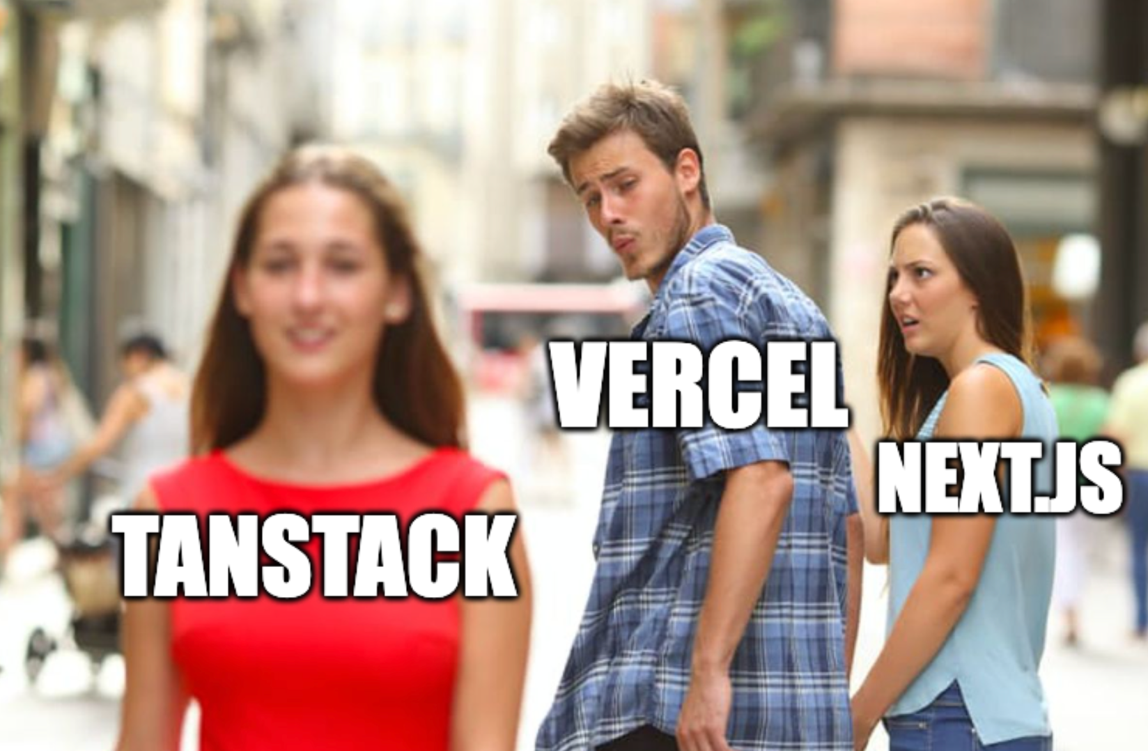 mann med merkelapp vercel ser på kvinne merkelapp tanstack, mens kvinne merkelapp nextjs ser sjalu ut på mannen