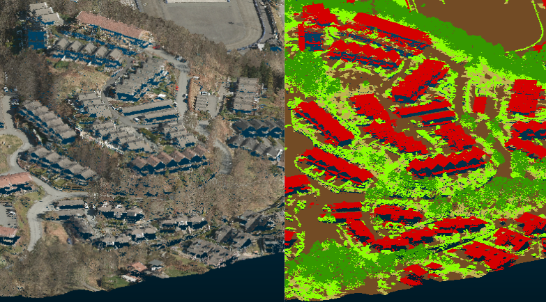 To 3D-visualiseringer av den samme punktskyen over et tettbygd område i Bergen. Til venstre vises punktene i naturlige farger, slik at hus, gater og trær kommer fram som på et flyfoto. Til høyre er de samme punktene fargelagt etter klasse, med bygninger i rødt og vegetasjon i grønt.