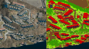 To 3D-visualiseringer av den samme punktskyen over et tettbygd område i Bergen. Til venstre vises punktene i naturlige farger, slik at hus, gater og trær kommer fram som på et flyfoto. Til høyre er de samme punktene fargelagt etter klasse, med bygninger i rødt og vegetasjon i grønt.
