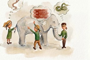 Tre personer med bind for øynene tar på hver sin del av en elefant og har ulike tanker om hva de berører: én tenker på et tau (halen), én på en murvegg (kroppen), og én på en slange (snabelen). En fjerde person uten bind for øynene står på siden og ser hele elefanten. Illustrasjonen er tegnet i akvarellstil.