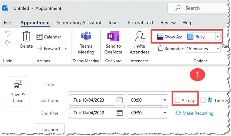 In the appointment tab in outlook, the "show as" field is marked as "busy" and the "all day" box is unticked.