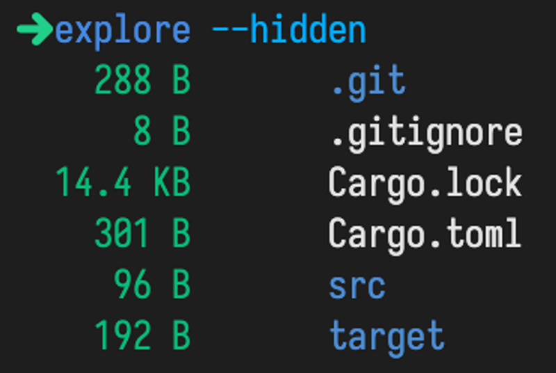 A screenshot of `explore --hidden` being ran in our project folder, outputting the same as before, except without the date modified. Success!