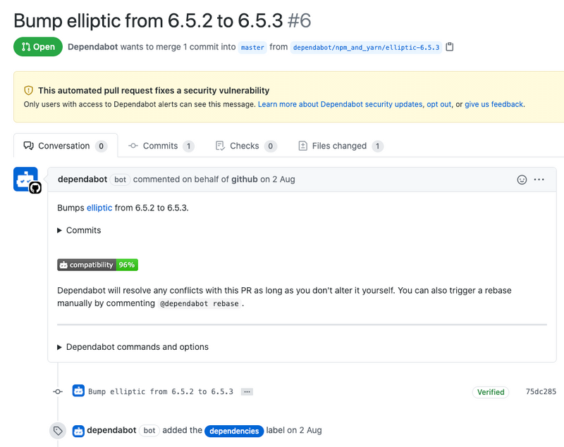 Example pull request generated by Dependabot