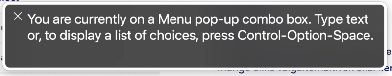 VoiceOver telling the user they can press Control-Option-Space to display a list of choices