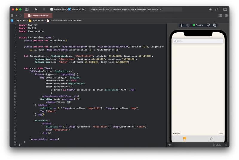 SwiftUI coding example showing the visual designer