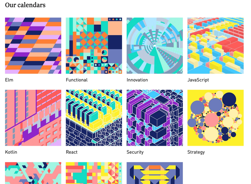 A grid of articles, with beautiful generated artwork, full of colors and life