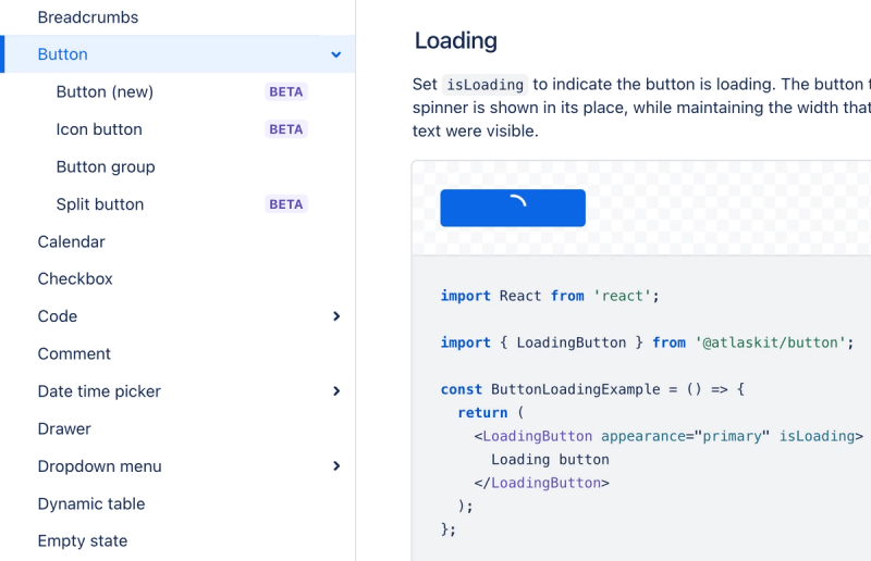 Screenshot from Atlassian design system showing a button