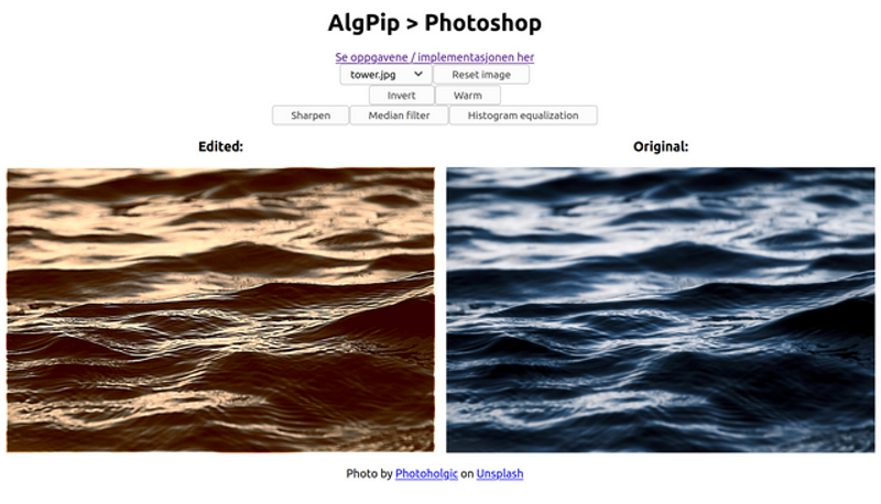 Screenshot of the resulting app, with one edited photo and the original side by side