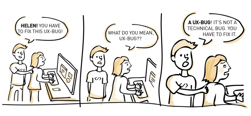 Cartoon strip of a developer talking to a designer 