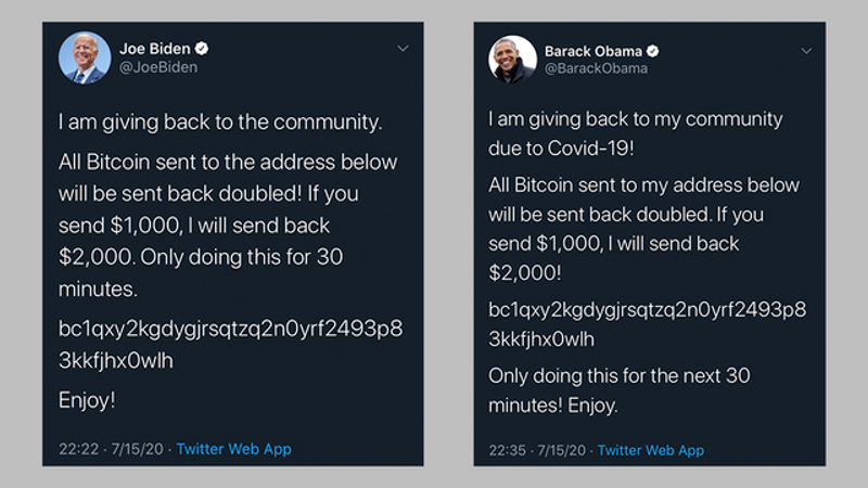 Tweets from Joe Biden and Barack Obama promoting a bitcoin scam