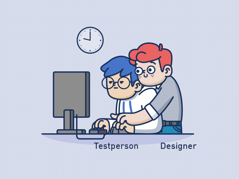 An animated illustration of a designer standing behind the back of a user tester controlling the user testers hand gestures while holding a computer mouse