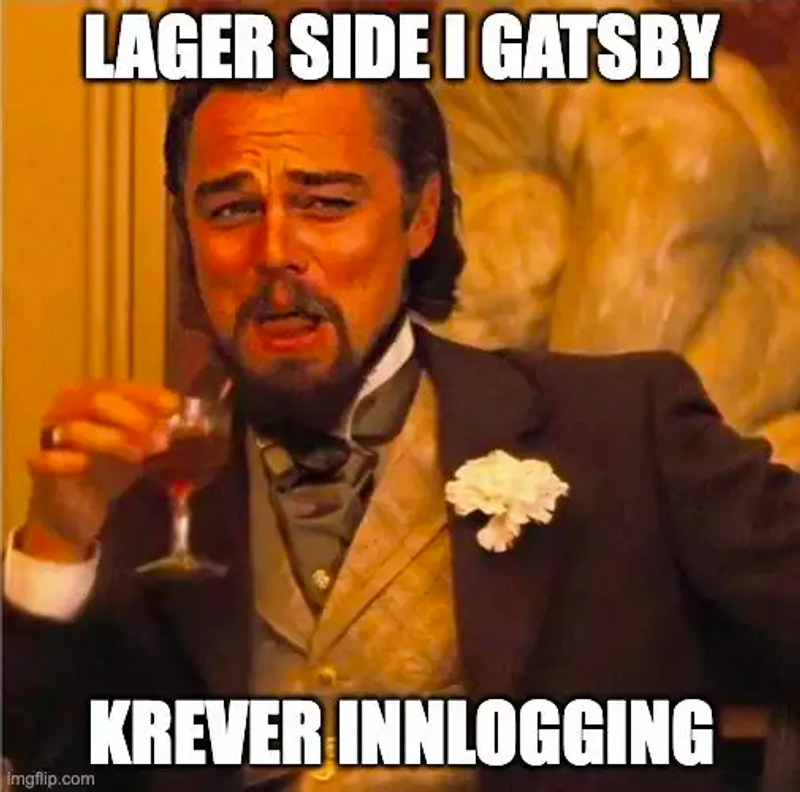 Gatsby memen med Leo DiCaprio, captioned med "Lager side i Gatsby - krever innlogging"