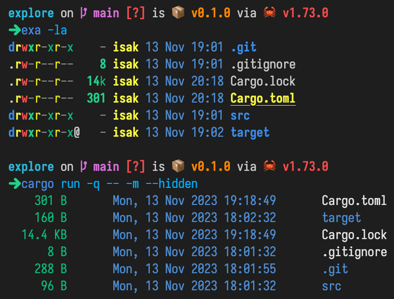 A screenshot of two commands and their output. The first is `exa -la`, which outputs similar information, but also permissions of files, the author/owner of the file, and some extra highlights because it understands this is a Rust project, so it underlines and uses yellow+bold for `Cargo.toml`. Afterwards is our command run, same as before.