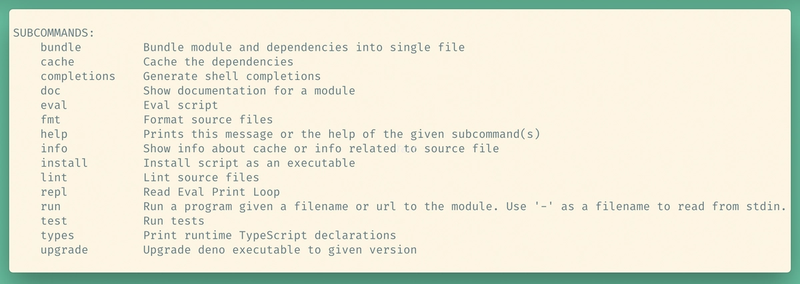List of available subcommands in Deno
