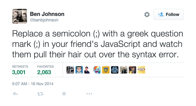 Twitter-post regarding greek question mark and semicolon