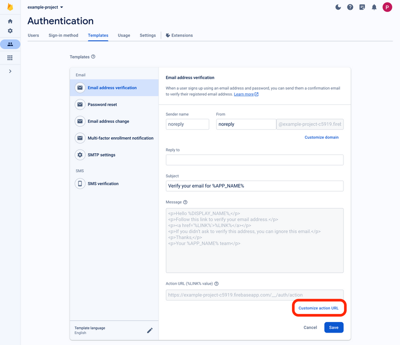 Inside the Firebase Authentication dashboard, editing the email address verification template. At the bottom of the page the link to customize action URL is highlighted in red.