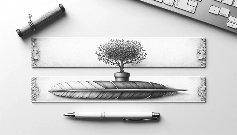 A pencil drawing of a quill and a tree.