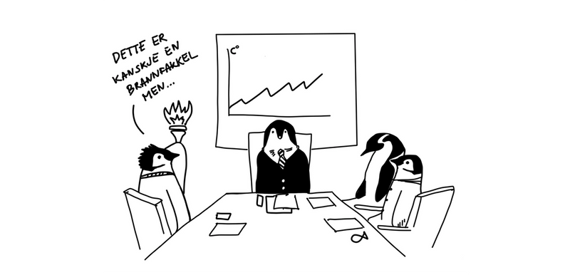 Tegning av et møterom med pingviner der en viser en brannfakkel