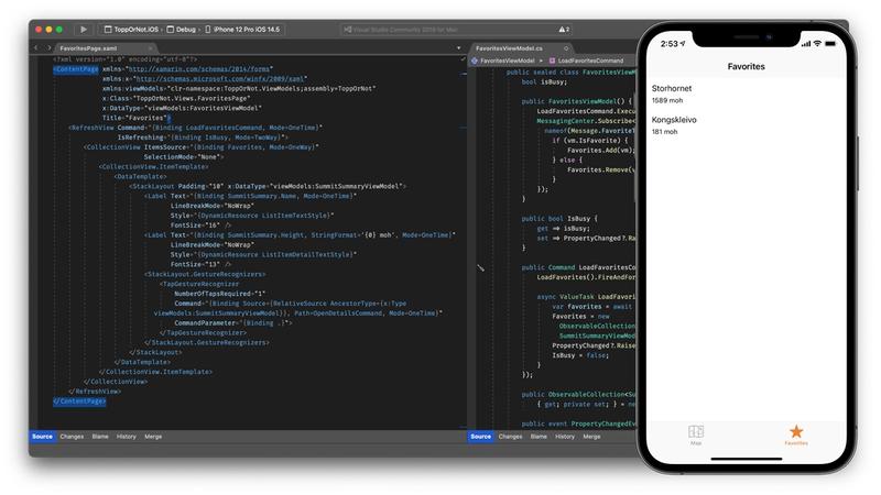 Xamarin Forms code example showing View Model and View