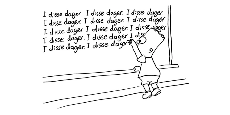 Tegning av Bart Simpson som skriver "I disse dager" 