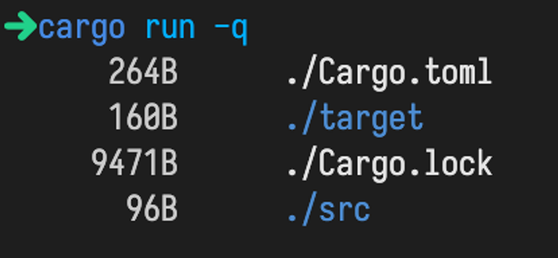 A screenshot showing that we ran `cargo run -q` and the output, with directories colored in blue, and files in white. The size in bytes is still white, though.