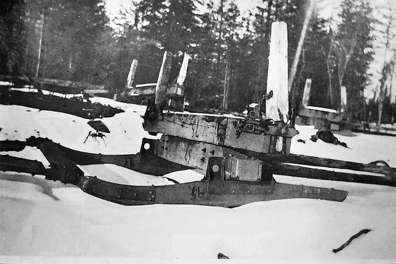 Train of log sleds at Russel Brook, circa 1909