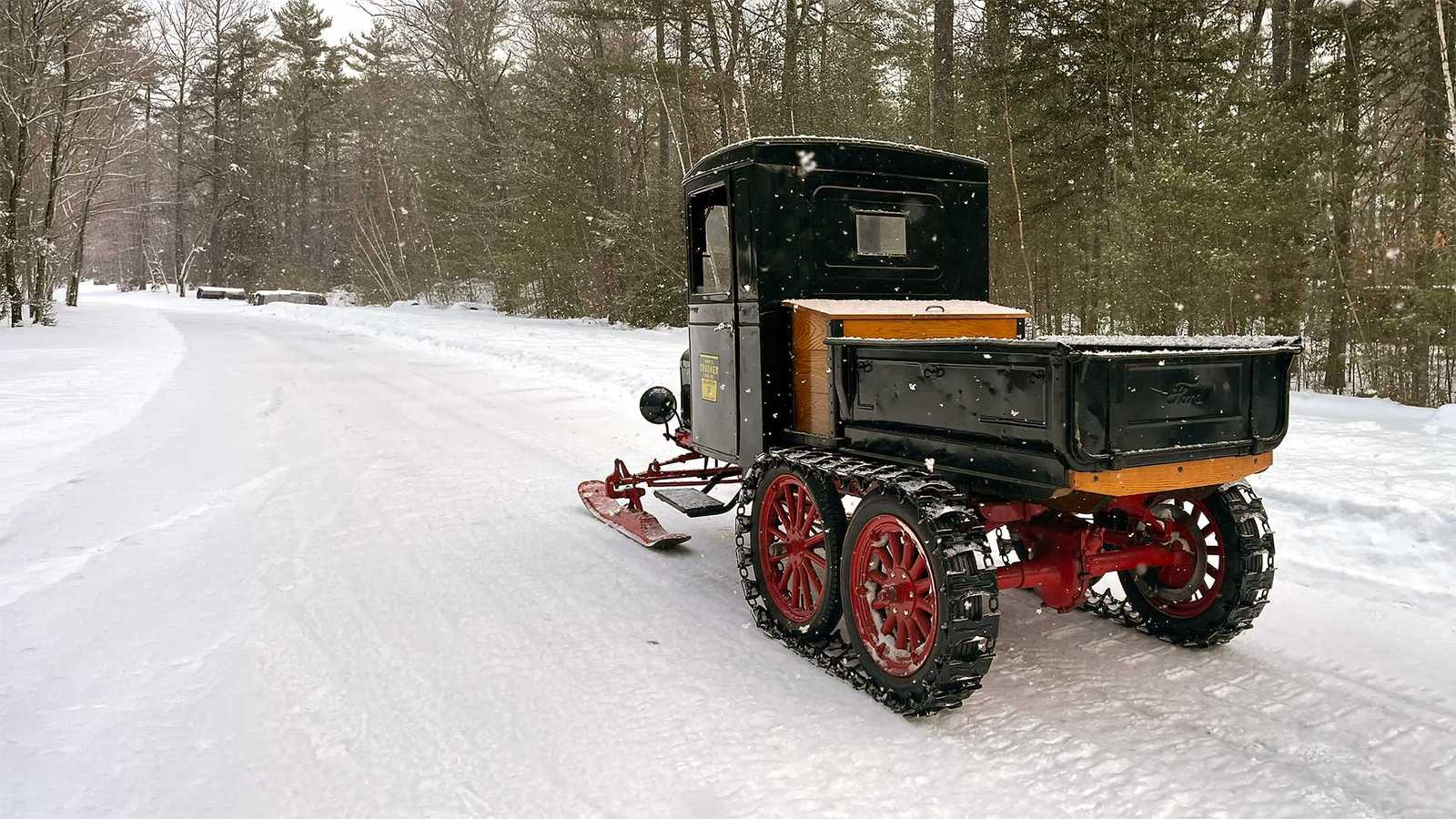 View of the tracks from the Ford Model-TT Snowmobile. 