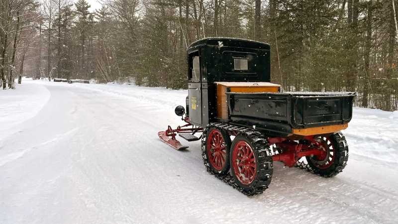 View of the tracks from the Ford Model-TT Snowmobile. 