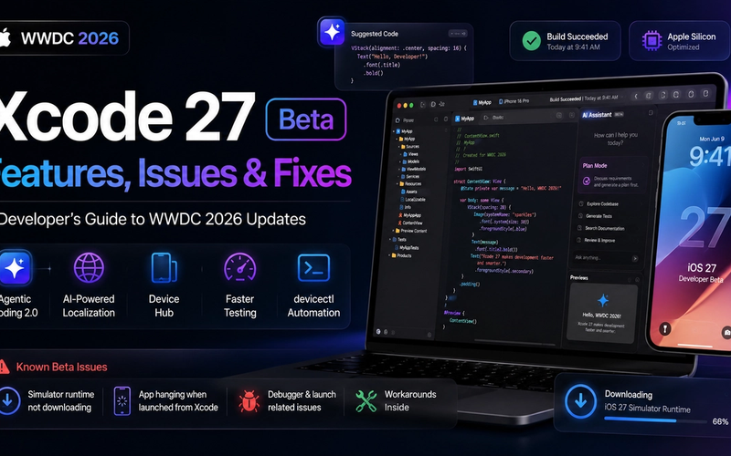 Xcode 27 Beta promotional cover image featuring a modern Apple-inspired developer workspace with a MacBook displaying the Xcode IDE, an iPhone running iOS 27 Developer Beta, and AI-powered coding assistant panels. The design highlights key WWDC 2026 features including Agentic Coding 2.0, AI-powered localization, Device Hub, faster testing, and devicectl automation, alongside common beta issues such as simulator runtime download failures, app launch hangs, and debugger-related problems. Dark blue and purple gradient background with futuristic glassmorphism UI elements and bold typography.