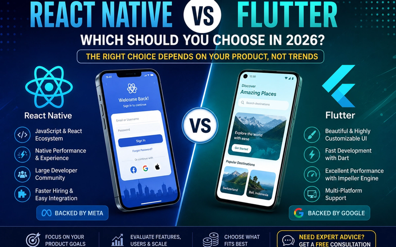 Comparison infographic showing React Native and Flutter in 2026, highlighting performance, development speed, UI flexibility, ecosystem, hiring, scalability, and business use cases for mobile app development.