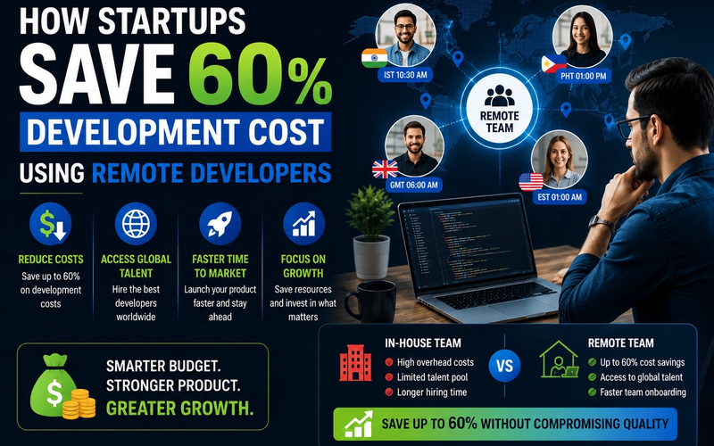 Startup founder collaborating with remote software developers to reduce development costs and accelerate product development