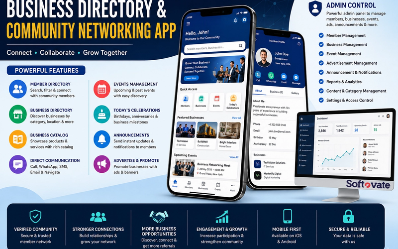 Business Directory App and Community Networking Platform with Member Directory, Business Listings, Events Management, Notifications, and Admin Dashboard