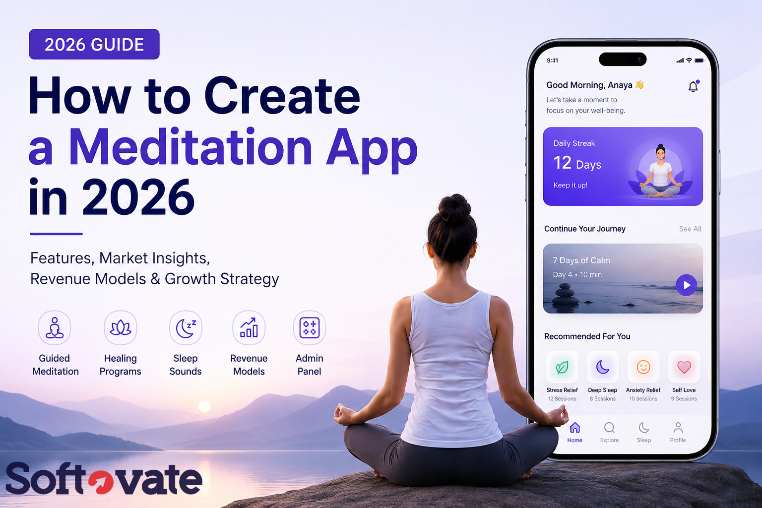 2026 meditation app development guide showing a mindfulness app UI, guided meditation features, healing journeys, sleep content, revenue models, and wellness technology trends.