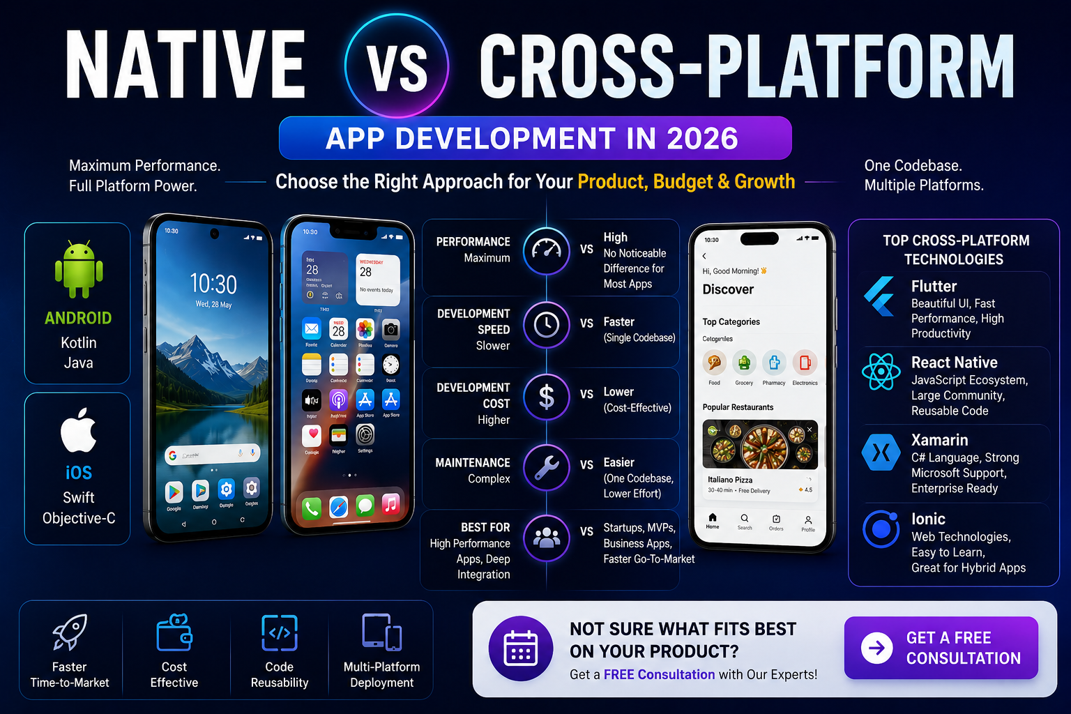 Comparison infographic showing Native app development versus Cross-Platform development in 2026, highlighting React Native, Flutter, Kotlin Multiplatform, performance, development speed, maintenance costs, scalability, and business use cases.