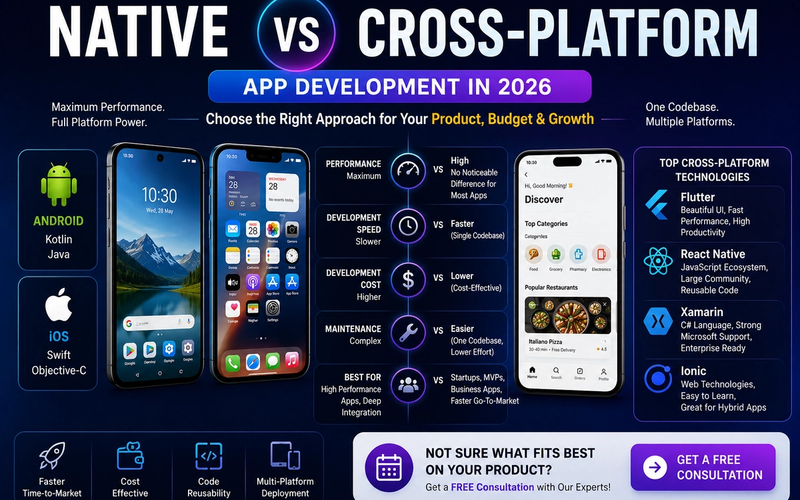 Comparison infographic showing Native app development versus Cross-Platform development in 2026, highlighting React Native, Flutter, Kotlin Multiplatform, performance, development speed, maintenance costs, scalability, and business use cases.