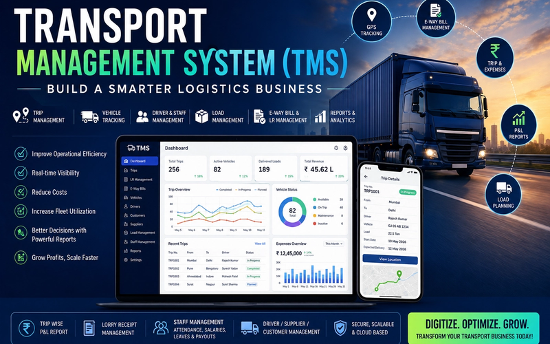 Transport Management System dashboard illustration showing trip management, logistics operations, vehicle tracking, driver management, load planning, e-way bill management, fleet monitoring, and business analytics for logistics companies.