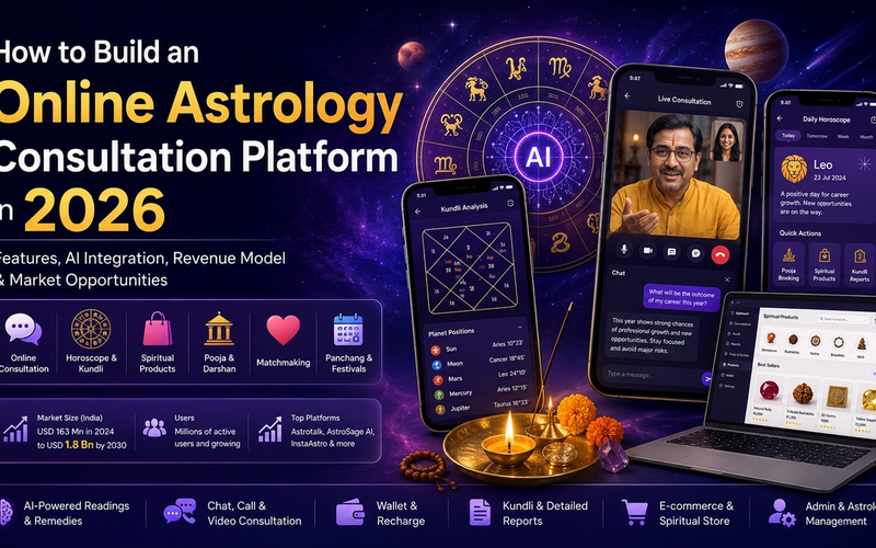 AI-powered online astrology consultation platform in 2026 featuring live astrologer video calls, kundli analysis, horoscope predictions, spiritual products marketplace, wallet recharge, matchmaking, pooja booking, and astrology mobile apps.