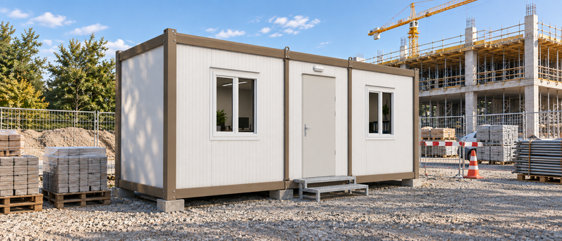 Portable site office cabin on concrete pads beside a UK construction site with a tower crane