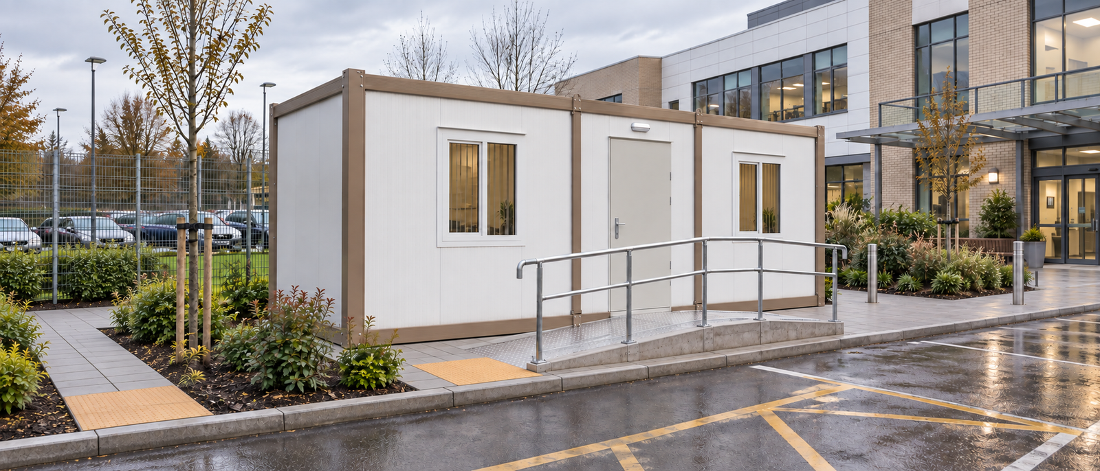 Portable consultation room with an accessible ramp beside a healthcare building