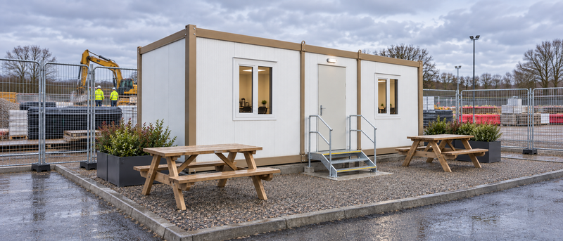 Portable cabin break room with picnic benches outside in a construction compound