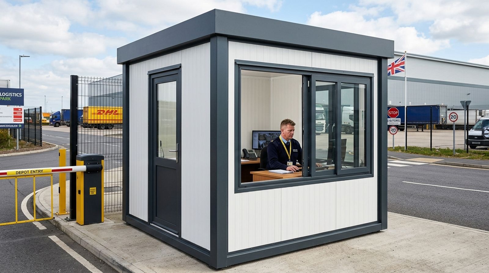 Insulated panel security cabin with a staffed window beside the barrier at a logistics park depot entrance