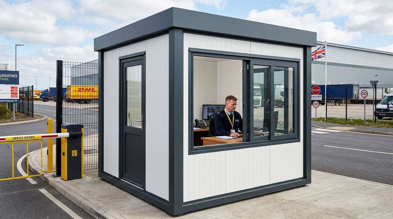 Insulated panel security cabin with a staffed window beside the barrier at a logistics park depot entrance